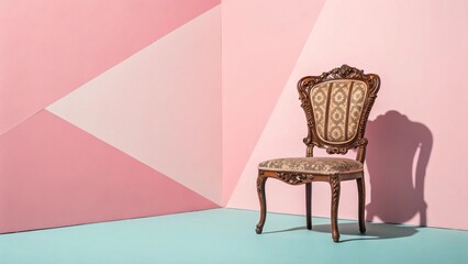 Minimalist interior with a vintage wooden chair standing beside pink geometric stairs. Soft light and shadow create a serene and design-focused image. Ample copy space available