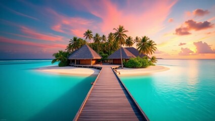 a breathtaking view of a tropical paradise, with overwater bungalows connected by a wooden pier leading to a stunning island. The scene is bathed in the vibrant colors of a sunset sky