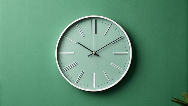 Minimalist white wall clock on a green wall, complemented by decorative plants and a vase. Clean and modern interior decor, perfect for time management and home office themes