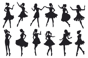 Obraz premium Dancing Women black silhouettes, Vector silhouettes of girls dancing in different positions high quality silhouettes isolated on white background