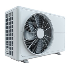 Outdoor air conditioning unit with robust fan for residential cooling isolated on transparent background, cutout png