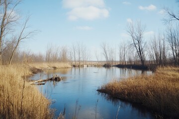 Fototapeta premium A wide, tranquil river stretches through a wintered landscape, flanked by barren trees reflecting a serene sky, evoking a cold, peaceful stillness.