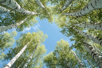 Fototapeta premium Looking Up Through Tall Trees Reaching Towards The Sky