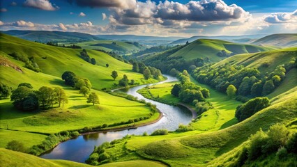 Obraz premium Serene valley landscape with lush green hills and a winding river flowing gently through it