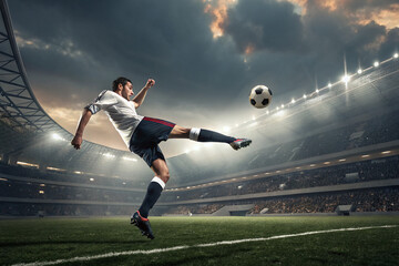 Naklejka premium Dynamic Soccer Player Kicking Ball in Stadium Spotlight