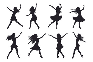 Dancing Women black silhouettes, Vector silhouettes of girls dancing in different positions high quality silhouettes isolated on white background