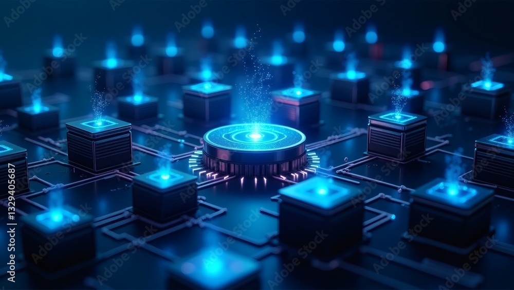 Poster digital circuit board illuminated with blue lights, showcasing technology and data processing