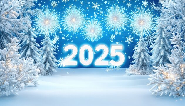 2025 New Year Winter Scene with Snow and Fireworks