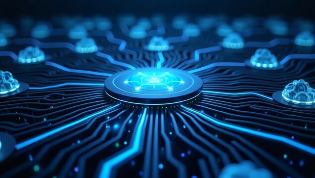 a detailed illustration of a central hub connected to multiple clouds, representing a network or data processing concept. The central hub glows brightly, and connections branch out.