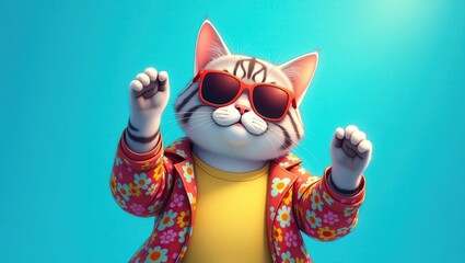 Stylish cat in Floral Jacket Against Teal Background