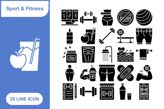 Sport and Fitness Glyph Icon Set, Collection fo 25 Sport and Fitness Glyph Icon Set &ndash; 25 Icons of Exercise, Training, and Athletic Activities