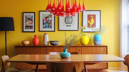 Mid-century dining room, yellow walls, art prints, vases
