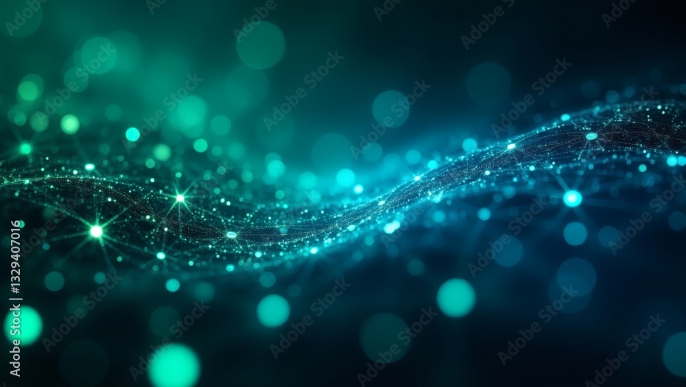 Poster an abstract digital data flow with interconnected dots and a futuristic vibe, with a flowing wave pattern and glowing bokeh