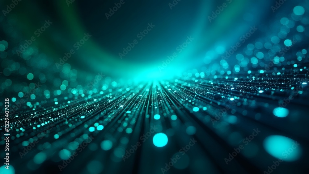 Poster abstract blue and teal background with light particles streaming towards the center, suggesting data