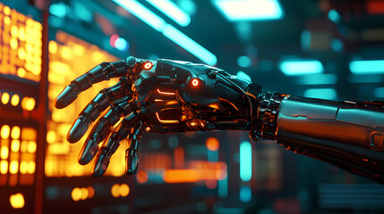 A futuristic robotic hand reaches out amidst glowing technology, highlighting advancements in robotics and artificial intelligence.