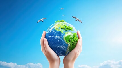 A pair of hands gently hold a vibrant Earth, symbolizing care for the planet, under a clear blue sky with birds flying above.