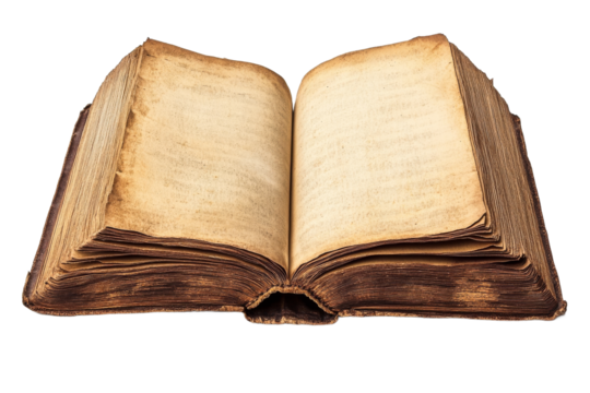 Open antique book with worn pages and transparent background