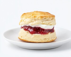 Closeup of Buttery Scone with Red Jam and Cream on White Plate