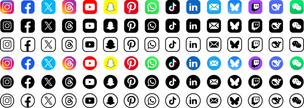 Popular social media apps icons set on transparent background. Modern design of social media icons: Instagram, Facebook, X, Threads, YouTube, Snapchat, TikTok, LinkedIn... Vector set EPS 10