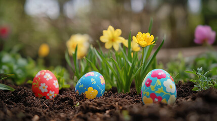 Colorful Easter eggs in soil with blooming flowers in spring garden