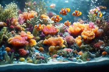 Clownfish swimming vibrant coral reef aquarium