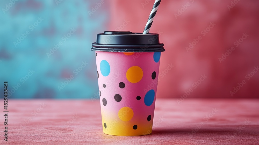 Poster A colorful cup featuring playful dots sits on a textured surface. The striking colors create an engaging atmosphere, perfect for enjoying a refreshing drink.