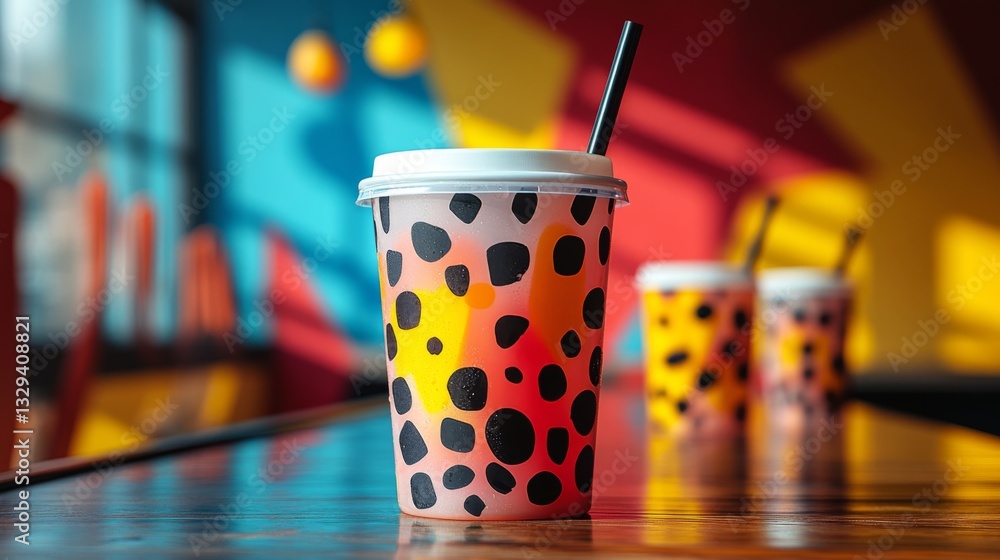 Poster A colorful cup with a unique spotted design is placed on a wooden table. The background features bold patterns and bright colors, creating a lively atmosphere in the cafe.