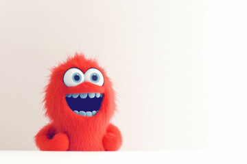 Cute red furry monster with big blue eyes and smile on blank background