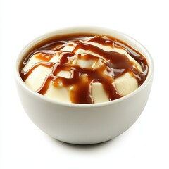 Creamy Mashed Potatoes Topped with Rich Brown Gravy in White Bowl