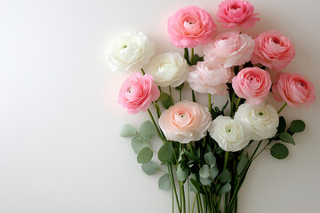 Obraz premium flat lay of beautiful roses and ranunculus arrangement on a white background, with eucalyptus leaves, soft pastel colors