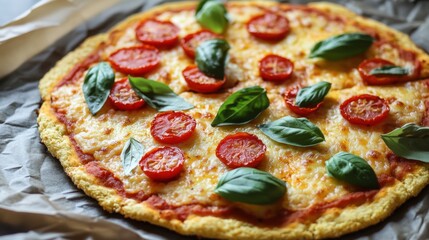 A pizza with tomatoes and basil on top