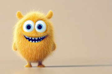 Obraz premium Cute yellow furry cartoon monster with blue eyes and big smile on beige background