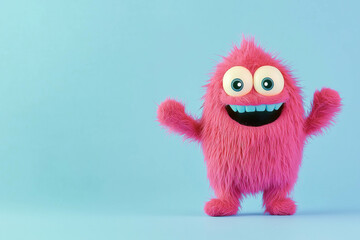 Obraz premium Cheerful pink furry monster with big eyes on blue background smiling