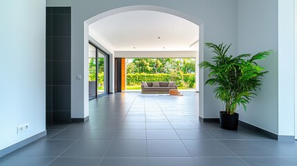 Obraz premium Modern interior hallway with arched opening and garden view