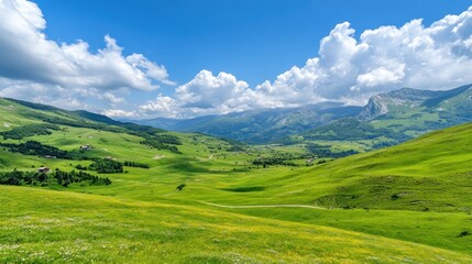 Fototapeta premium Serene Mountain Valley Landscape under a Summer Sky