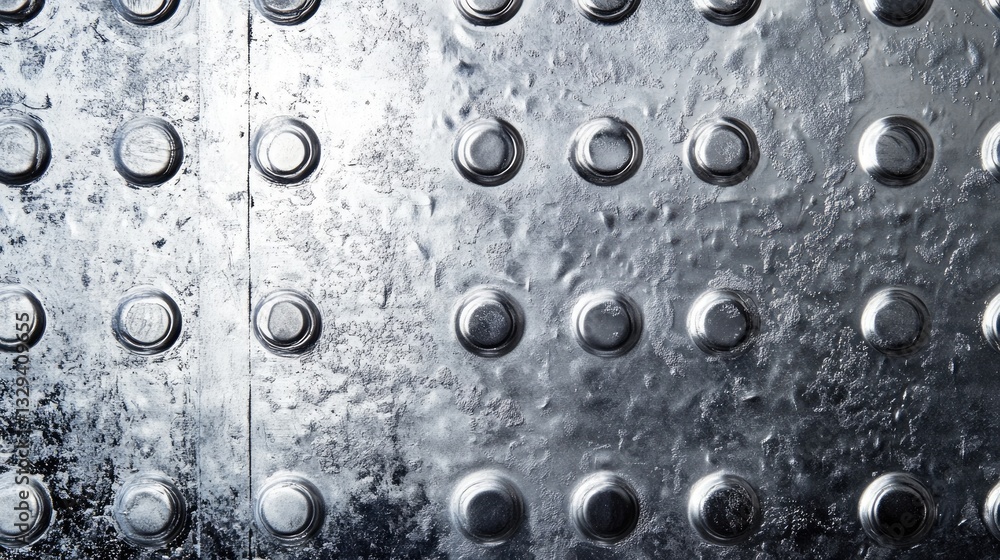 Poster closeup of a metallic surface with circular indentations and a rough texture