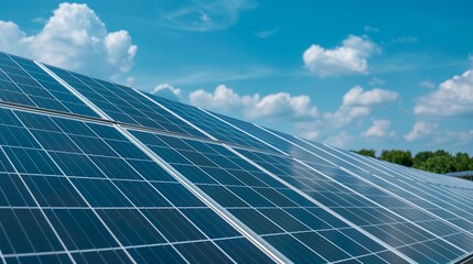  A close-up shot of solar panels in a large solar farm, deep blue photovoltaic cells glistening under the bright sunlight, clean metallic framework contrasting with the natural surroundings