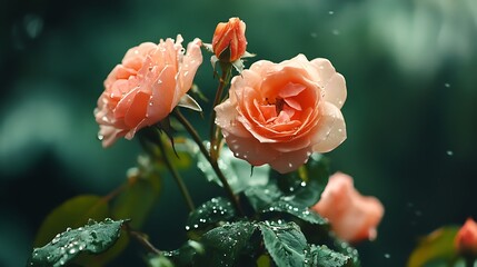 Peach Roses in the Rain: A Garden Close-Up AI Generated