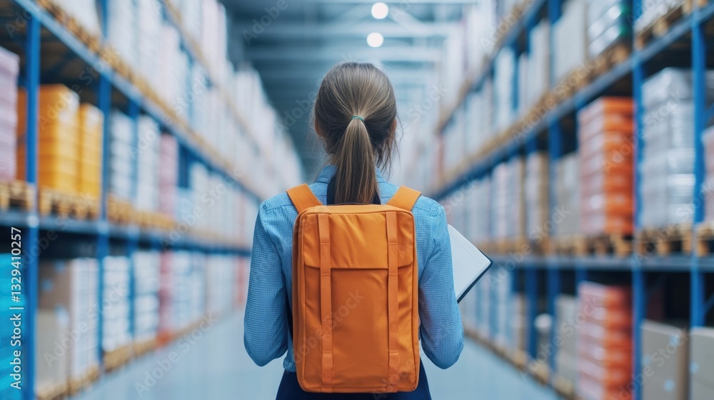 Poster observant worker navigating through organized storage aisles while carrying a notebook