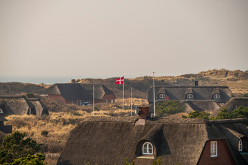 flag of denmark above vacation cottages