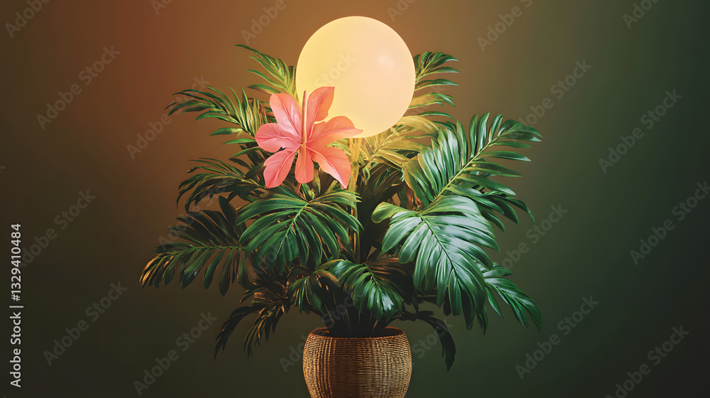 Poster minimalist design featuring a potted plant illuminated by a soft light creating a calming and inviti
