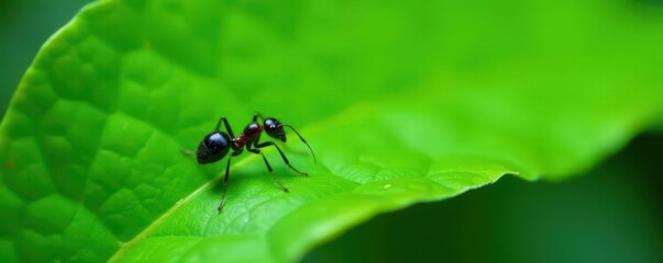 A lone black ant crawls on a vibrant green leaf vein , small, biology