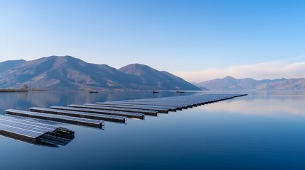 A massive floating solar panel farm on a calm lake, rows of blue solar cells reflecting on the water, mountains in the background under a clear sky