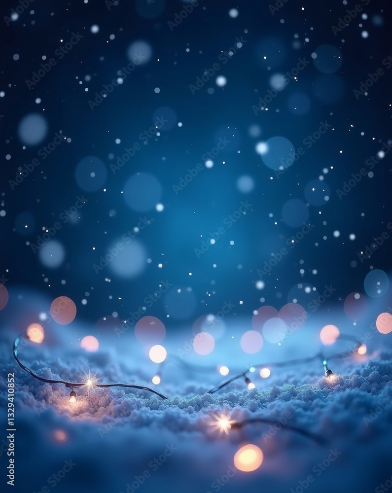 Poster a festive and snowy winter scene with a string of lights illuminates the falling snow. The image evokes warmth and celebration with a touch of magic