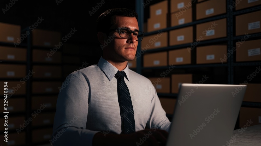 Poster businessman standing in a corporate workspace efficiently checking inventory and records on a laptop