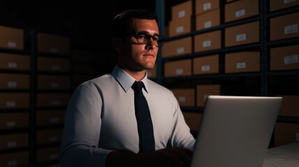 Businessman Standing in a Corporate Workspace Efficiently Checking Inventory and Records on a Laptop Computer as Part of His Workflow and Business Management Duties
