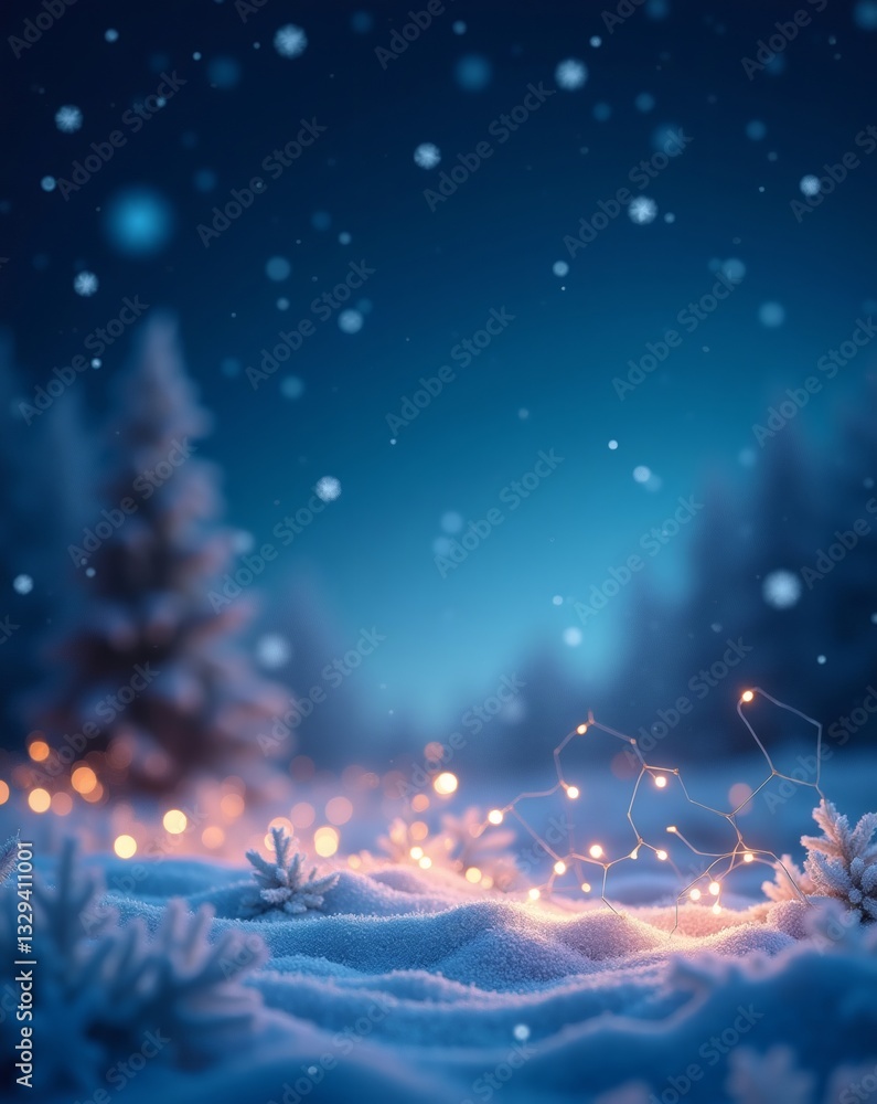 Poster snowy winter forest scene with twinkling lights illuminating the landscape, creating a magical and f