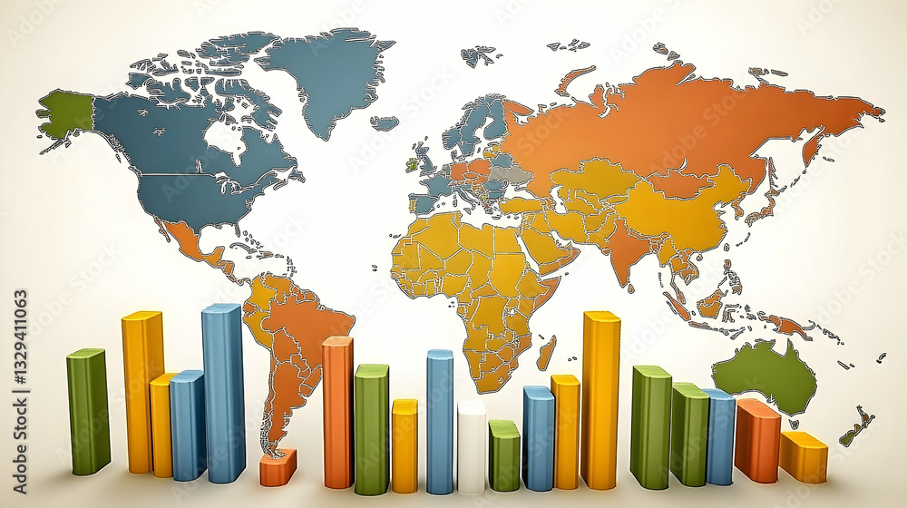Poster world map with colored regions and bar graphs