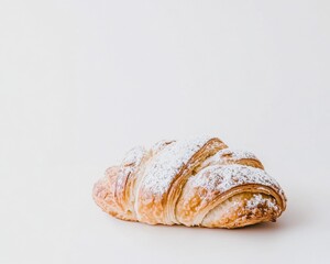 Golden Brown Croissant with Powdered Sugar on White Background