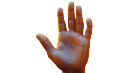 hand with open fingers showing palm isolated on transparent background. 